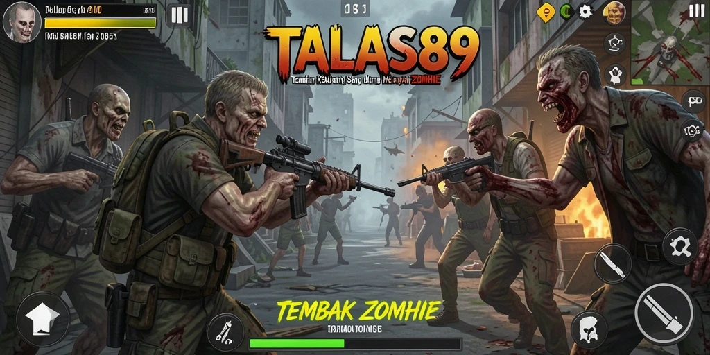 Tangkapan layar antarmuka permainan TALAS89 dengan aksi tembak zombie yang mendebarkan.